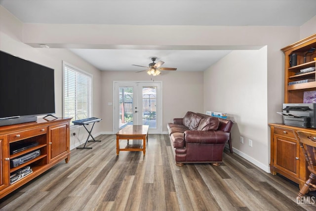 9913 Mark Twain Ave, Bakersfield, CA 93312 - living area featuring french doors, wood finished floors, and ceiling fan