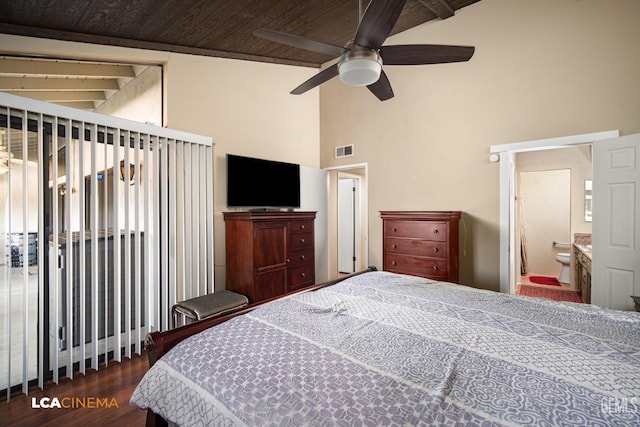bedroom with wooden ceiling, ceiling fan, visible vents, high vaulted ceiling, and dark wood-type flooring
