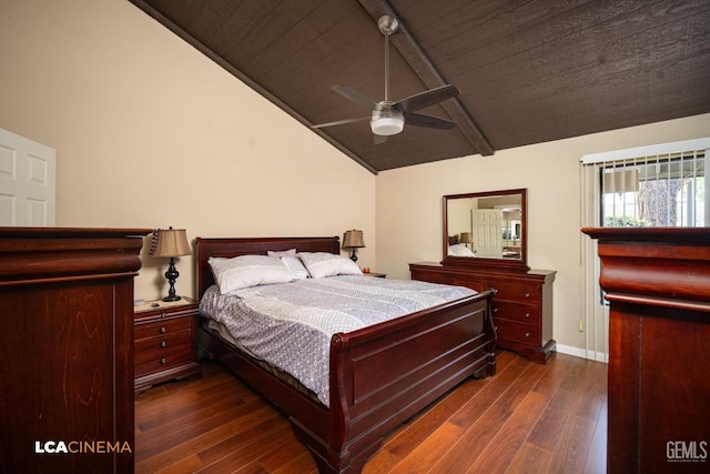 bedroom with dark wood-style flooring, baseboards, a ceiling fan, and vaulted ceiling with beams