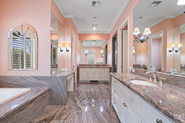 bathroom featuring vanity, ornamental molding, a relaxing tiled tub, and an inviting chandelier