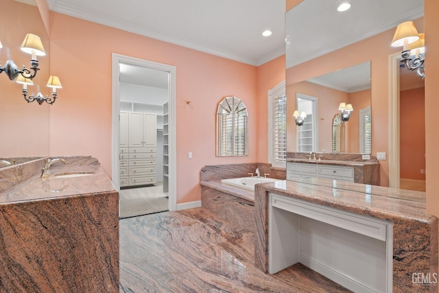 bathroom featuring vanity, tiled tub, and ornamental molding