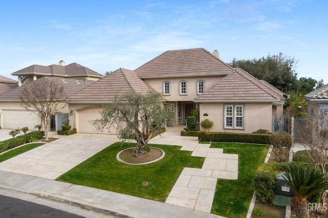 view of front of home with a garage and a front lawn