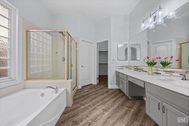 bathroom featuring a stall shower, wood finished floors, a sink, and a wealth of natural light