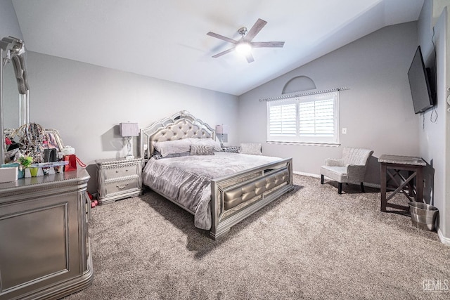 bedroom with carpet, ceiling fan, and lofted ceiling