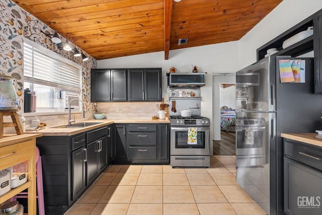 kitchen featuring lofted ceiling, sink, wood ceiling, light tile patterned floors, and appliances with stainless steel finishes