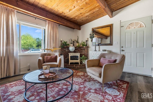 living area with a brick fireplace, dark wood-type flooring, wooden ceiling, and vaulted ceiling with beams