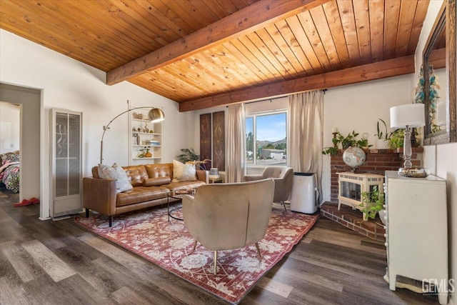 living room with beamed ceiling, dark wood-type flooring, a wood stove, and wooden ceiling