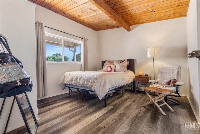 bedroom with wooden ceiling, dark hardwood / wood-style floors, and beamed ceiling