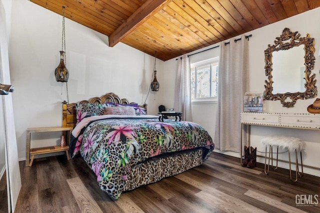 bedroom featuring wood ceiling, dark wood-type flooring, and lofted ceiling with beams