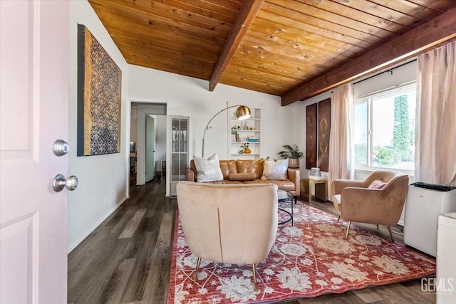 living area featuring vaulted ceiling with beams, wooden ceiling, and dark hardwood / wood-style floors