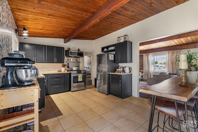 kitchen with stainless steel appliances, light tile patterned floors, backsplash, and wood ceiling