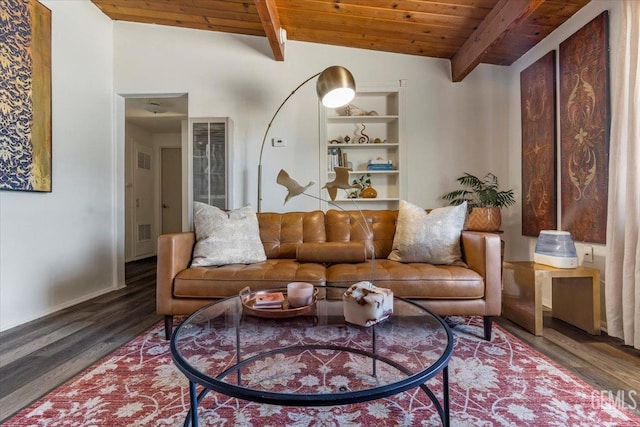 living room featuring hardwood / wood-style floors, wood ceiling, built in features, and vaulted ceiling with beams