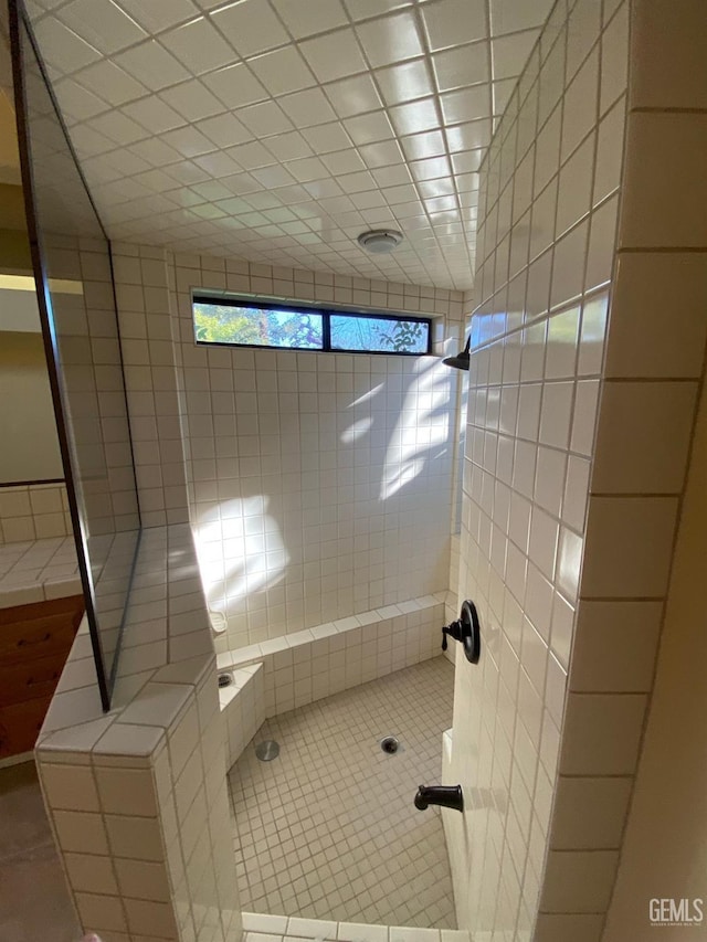 full bath featuring a tile shower and tile patterned floors