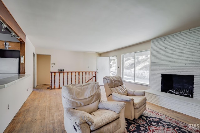 living room featuring a large fireplace and light hardwood / wood-style floors