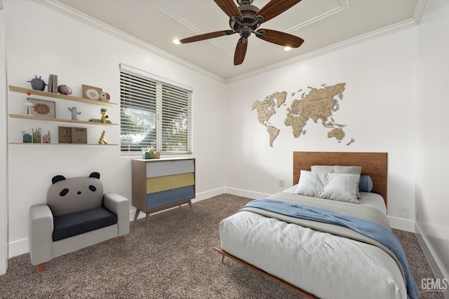 bedroom featuring carpet floors, baseboards, and ornamental molding