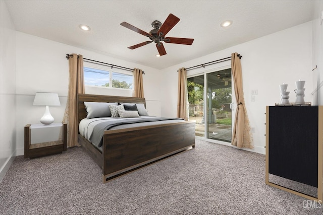 bedroom with a ceiling fan, access to outside, recessed lighting, carpet, and baseboards