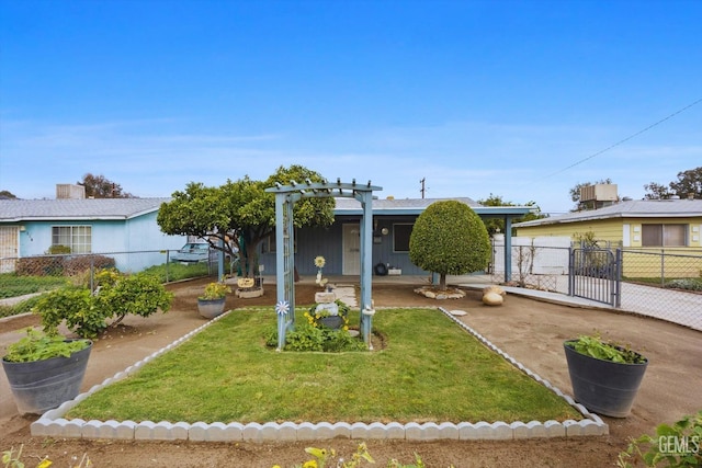 view of front of house with a front lawn, fence, central AC unit, a patio area, and a pergola