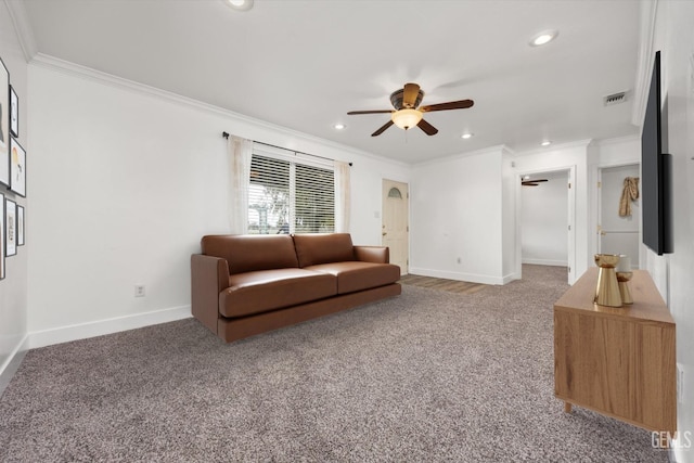 living room with baseboards, ceiling fan, and carpet flooring