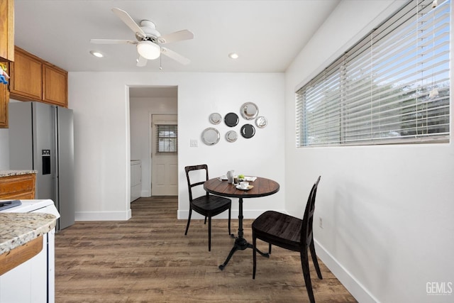 dining room featuring recessed lighting, baseboards, ceiling fan, and dark wood-style flooring