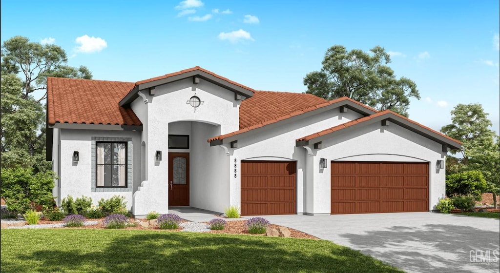 mediterranean / spanish-style house featuring a front yard and a garage