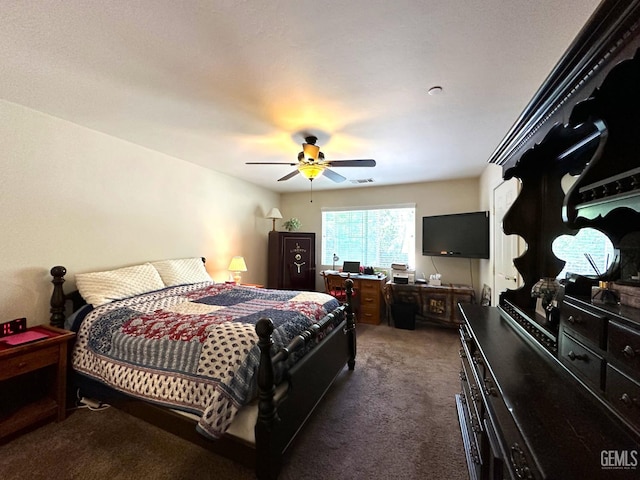 45796 Rocking K Dr, Cal Hot Springs, CA 93207 - bedroom featuring dark carpet, a ceiling fan, and an office area