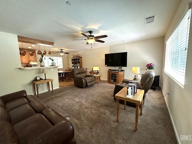 45796 Rocking K Dr, Cal Hot Springs, CA 93207 - living room featuring baseboards, ceiling fan, and carpet