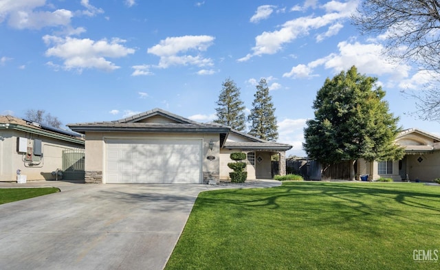 view of front of property featuring stucco siding, concrete driveway, an attached garage, a front yard, and stone siding