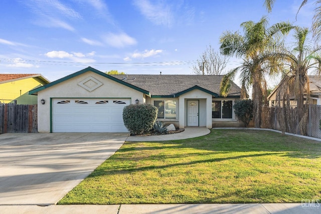 single story home featuring stucco siding, an attached garage, fence, driveway, and a front lawn