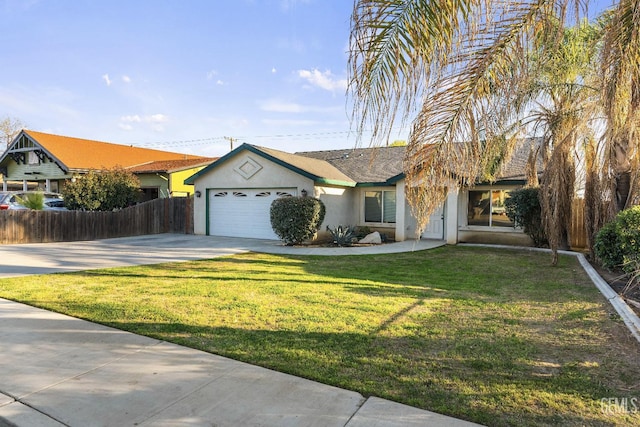 ranch-style house featuring stucco siding, an attached garage, fence, driveway, and a front lawn