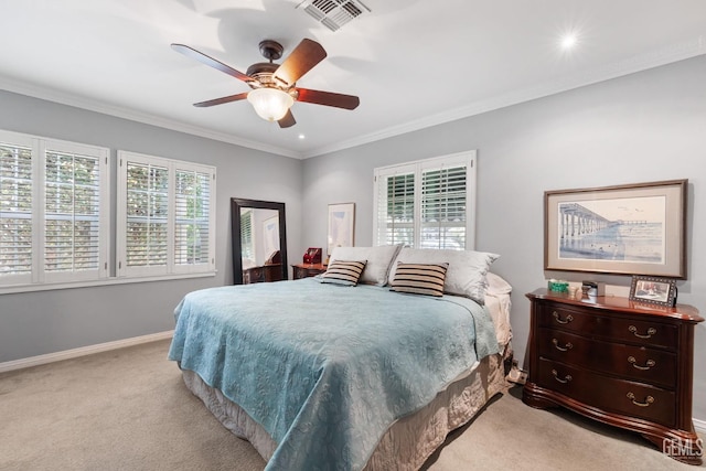 2615 22nd St, Bakersfield, CA 93301 - bedroom featuring crown molding, ceiling fan, light carpet, baseboards, and visible vents