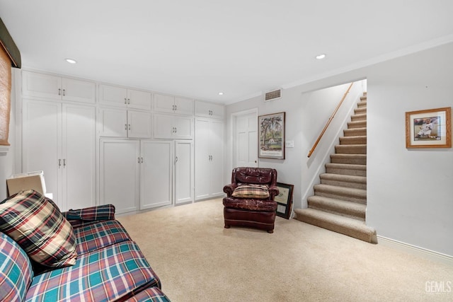 2615 22nd St, Bakersfield, CA 93301 - carpeted living area with recessed lighting, stairway, visible vents, ornamental molding, and baseboards