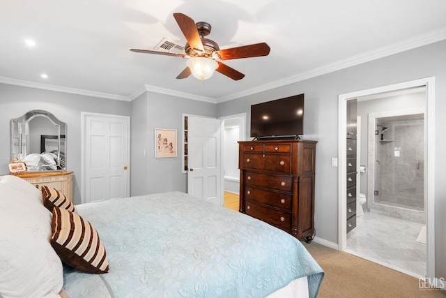 2615 22nd St, Bakersfield, CA 93301 - bedroom featuring visible vents, a ceiling fan, light carpet, connected bathroom, and crown molding