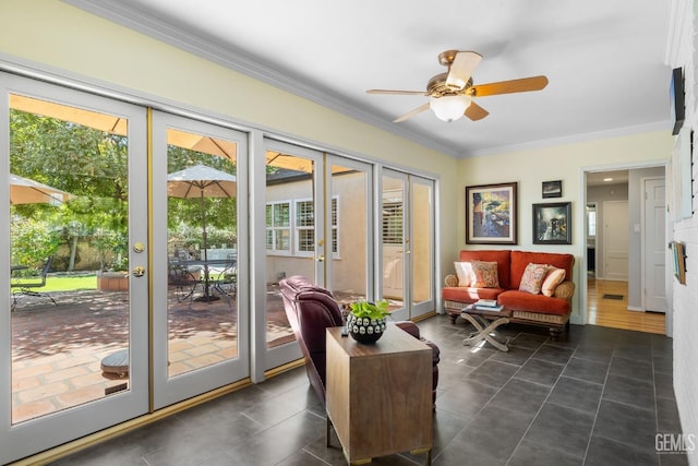 2615 22nd St, Bakersfield, CA 93301 - interior space with dark tile patterned floors, crown molding, ceiling fan, and french doors