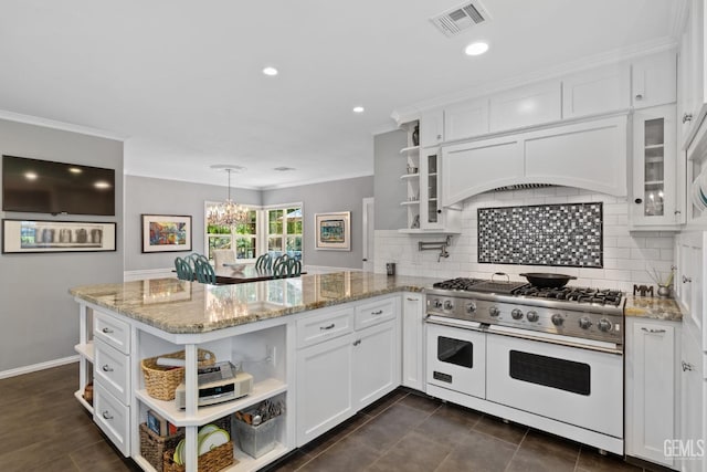 2615 22nd St, Bakersfield, CA 93301 - kitchen with double oven range, custom exhaust hood, visible vents, white cabinetry, and open shelves