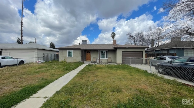 single story home with a front lawn, fence, stucco siding, a garage, and driveway