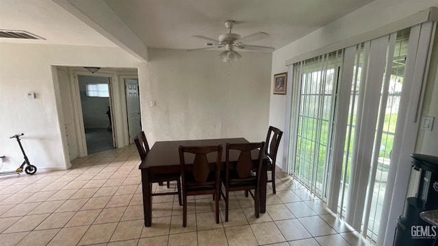 dining area with light tile patterned flooring, visible vents, and ceiling fan