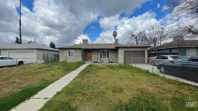 ranch-style home featuring fence, concrete driveway, a front yard, stucco siding, and an attached garage