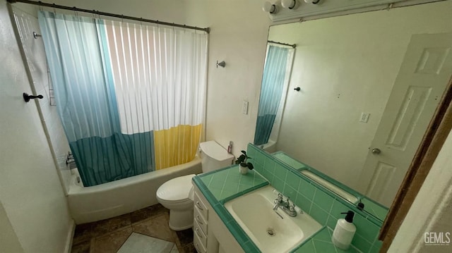 full bathroom with toilet, shower / bath combo, and vanity