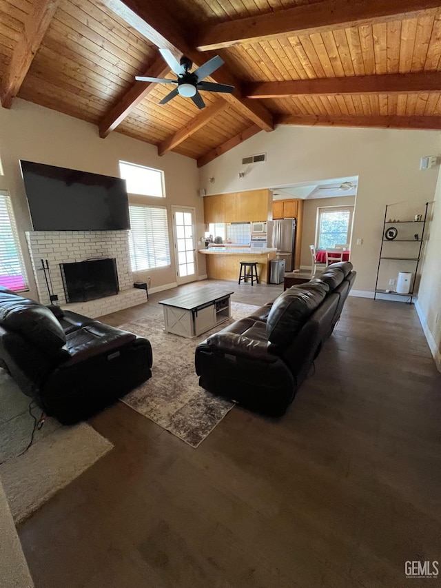 living area featuring vaulted ceiling with beams, ceiling fan, wooden ceiling, dark wood-type flooring, and visible vents