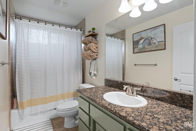 full bathroom with shower / bath combination with curtain, visible vents, toilet, vanity, and tile patterned floors