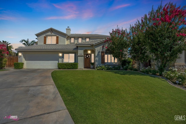 11820 Crescent Creek Ct, Bakersfield, CA 93311 - view of front of home with stucco siding, concrete driveway, a tiled roof, a chimney, and an attached garage