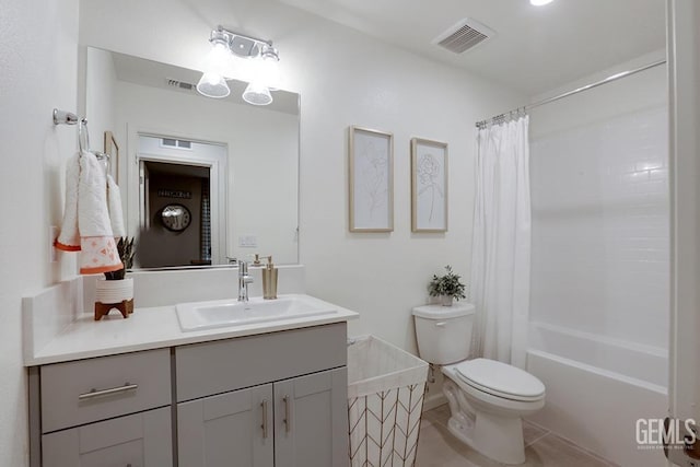 full bathroom featuring toilet, shower / bath combination with curtain, and vanity