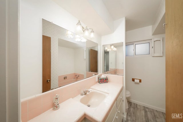 bathroom featuring hardwood / wood-style floors, vanity, and toilet