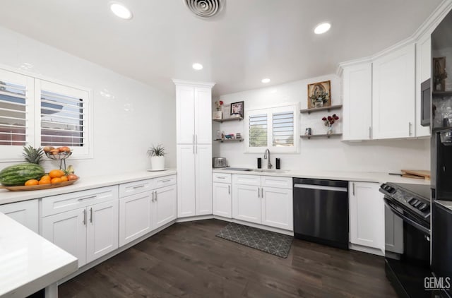 705 Stephens Dr, Bakersfield, CA 93304 - kitchen with stainless steel dishwasher, black range with electric cooktop, open shelves, a sink, and white cabinets
