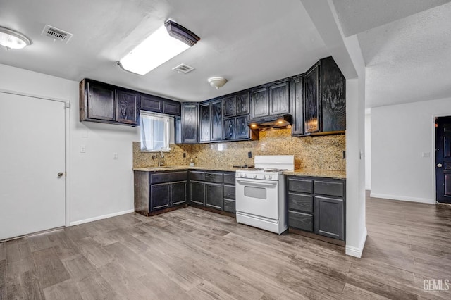 kitchen featuring sink, decorative backsplash, light stone countertops, light hardwood / wood-style floors, and white range with gas stovetop