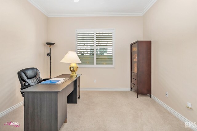 bedroom featuring light carpet and crown molding