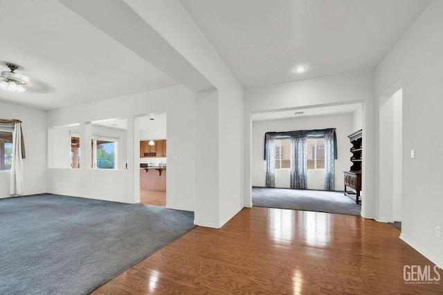 foyer with baseboards, a ceiling fan, wood finished floors, and a wealth of natural light