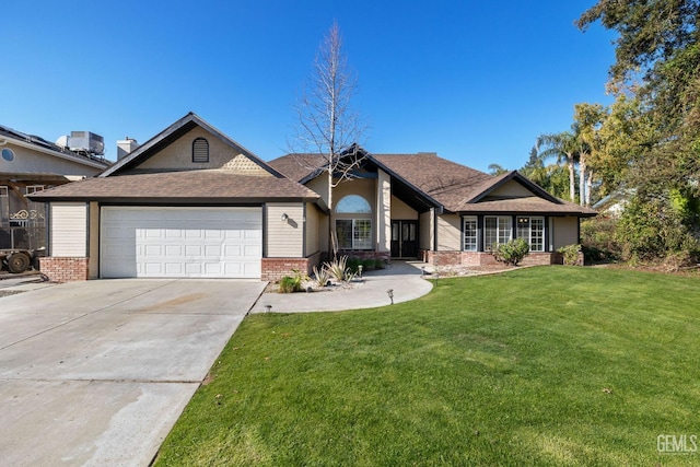view of front facade with central air condition unit, a front lawn, concrete driveway, a shingled roof, and a garage