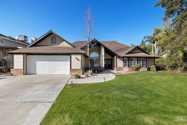 view of front facade with central air condition unit, a front lawn, concrete driveway, a shingled roof, and a garage