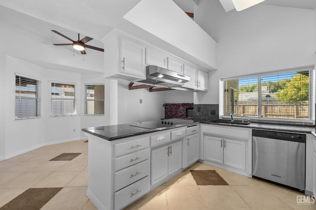 kitchen with a sink, range hood, white cabinets, black electric stovetop, and dishwasher